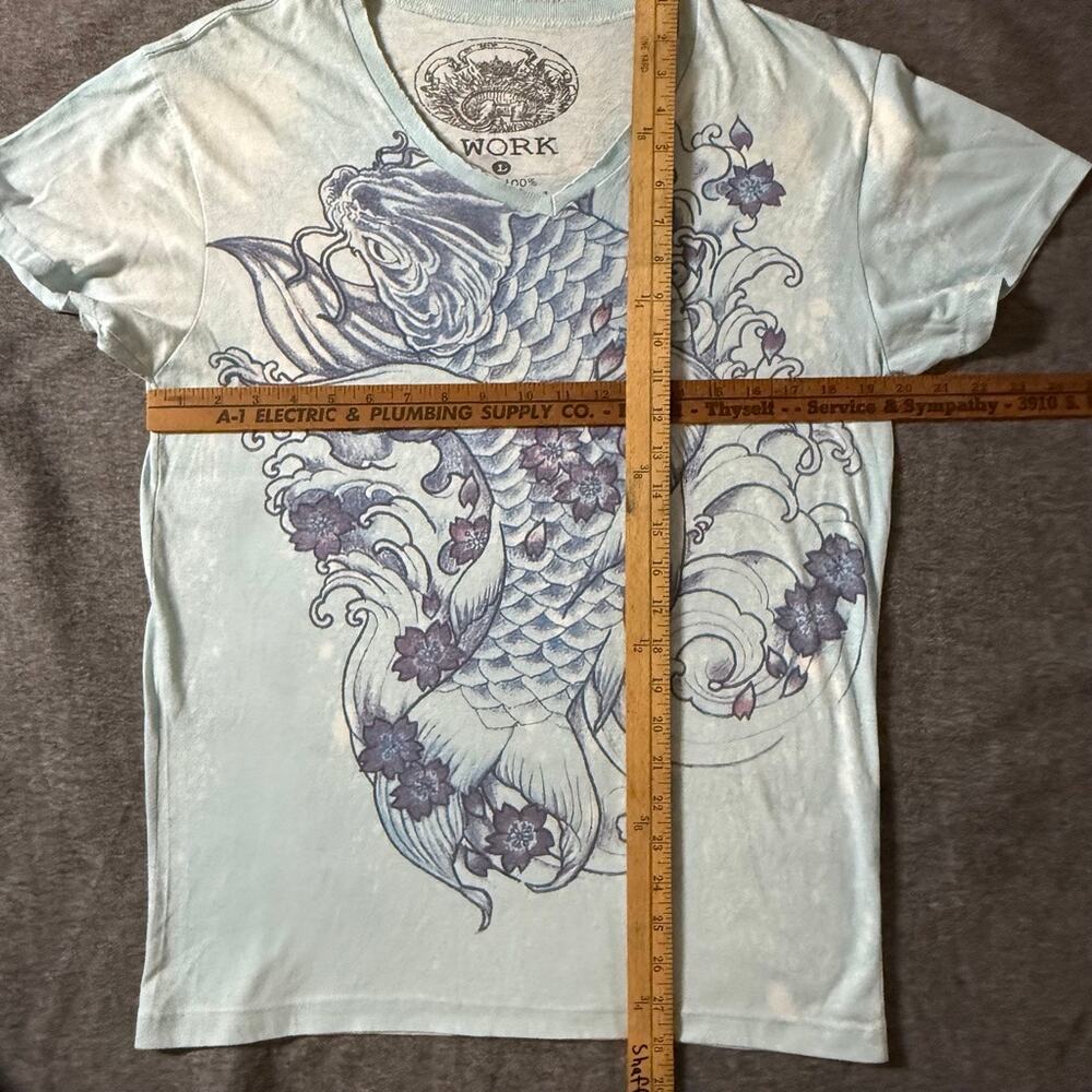 WORK Carp Koi Fish T-Shirt Men Blue White Japan Japanese Tattoo Yakuza V-Neck L - Picture 7 of 11